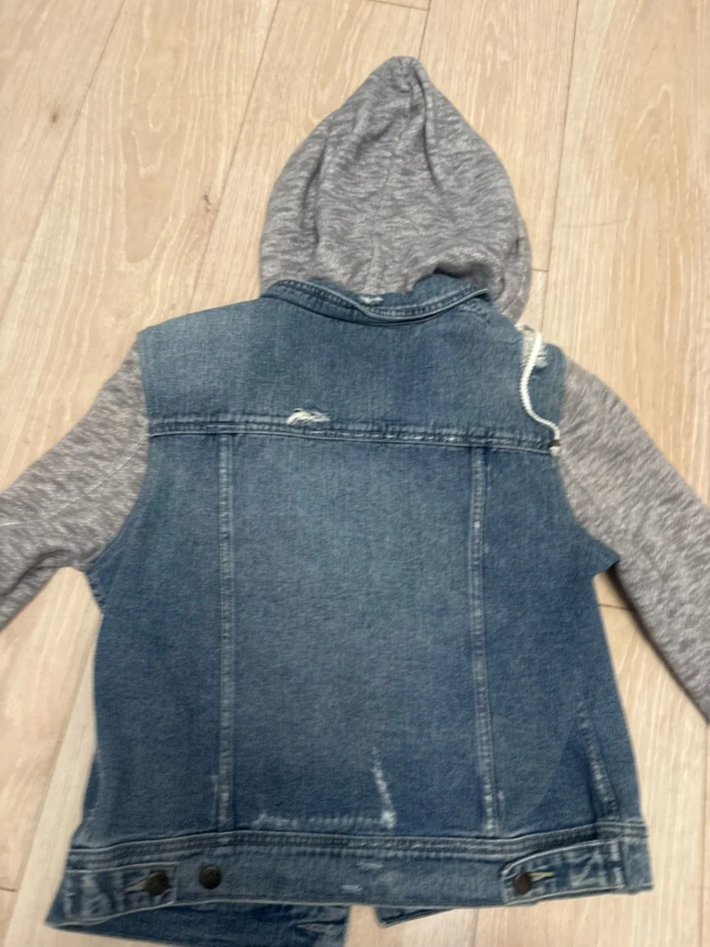 Free People Blue Denim Jacket with Gray Hoodie Sleeves - Picture 6 of 8